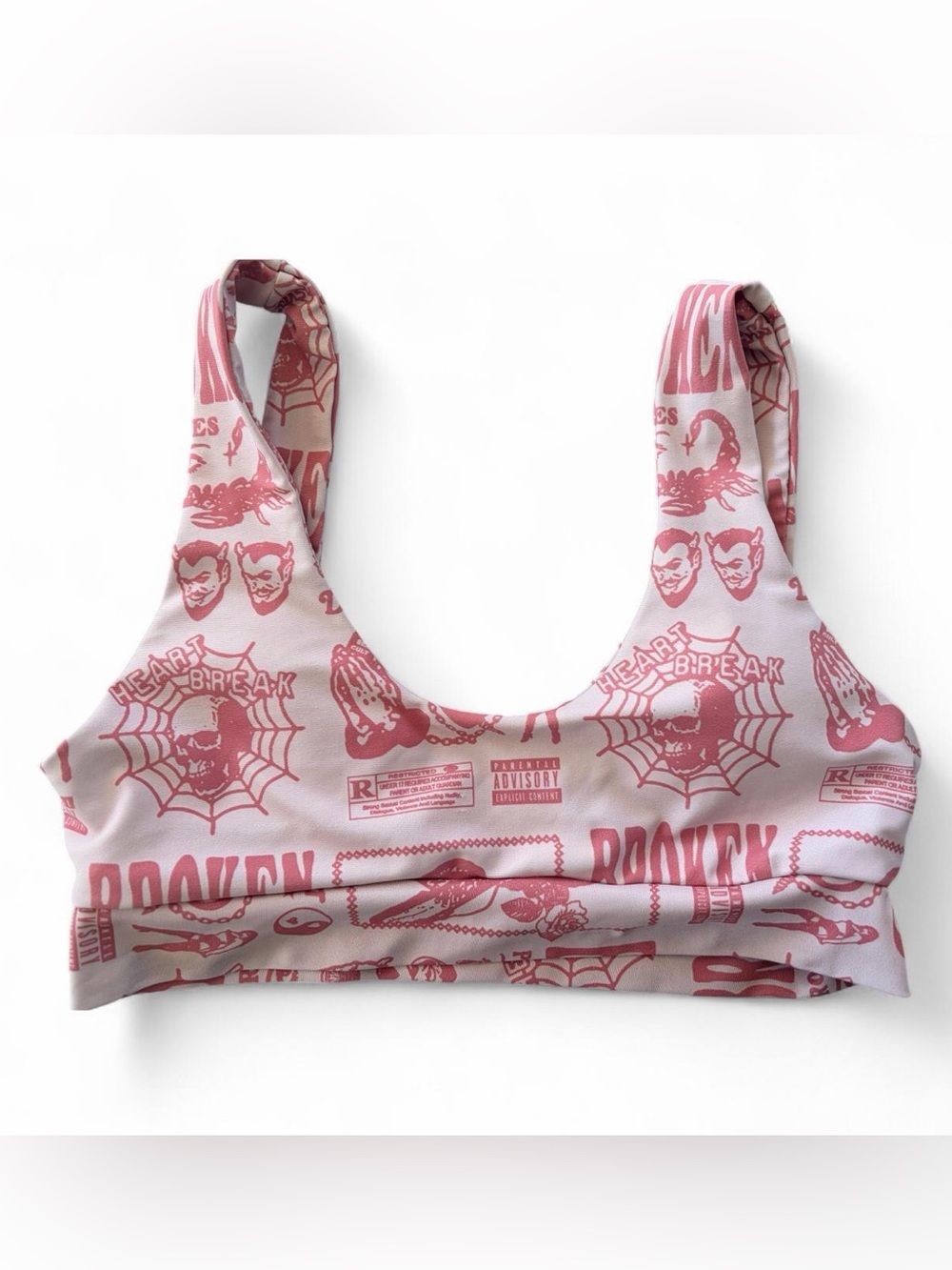 Broken Promises Pink Tattoo Flash Print Parental Advisory Bralette Top S